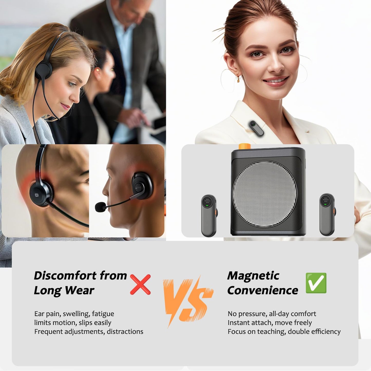 Voice Amplifier Wireless Microphone with Magnetic Lavalier, Bluetooth Voice Amplifier for Teachers with 2 Mic, Rechargeable Portable Microphone Speaker for Classroom, Yoga, Meetings, Speeches