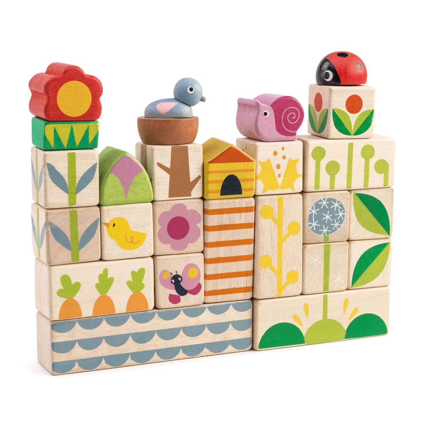 Tender Leaf Toys - Garden Blocks - Decorative Garden Graphics - Includes 25 Pieces Wooden Toy Blocks - Premium Quality Building Blocks, Strength & Creative Play - 18m+