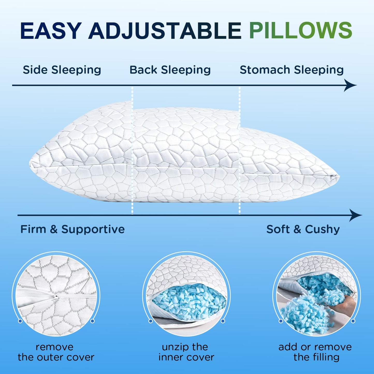Side Sleeper Pillow for Adults, King Size Cooling Pillow for Neck and Shoulder Pain Relief, Adjustable Firm Soft Shredded Memory Foam Pillows for Side Back Stomach Sleepers, Bed Pillows for Sleeping