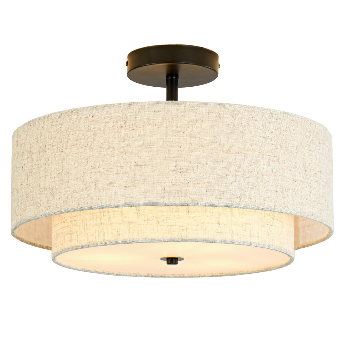 Outiron 16" Semi Flush Mount Ceiling Light, 3-Light Drum Ceiling Light Fixture with 2-Tier Fabric Linen Shade, Farmhouse Chandelier for Dining Room, Living Room, Bedroom, Kitchen, Hallway, Entryway