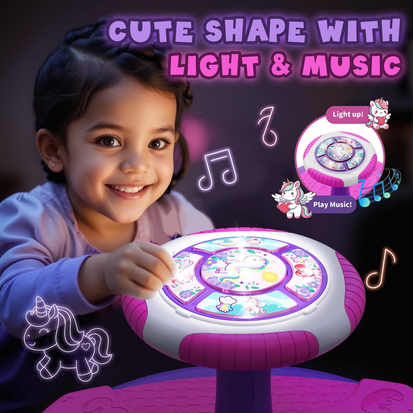 HYES Unicorn Sit and Spin Toys for Toddlers 1-3 Girls, 360° Toddler Spinning Seat with LED Lights and Music, Sensory Toys Birthday Gift for Kids 3-5