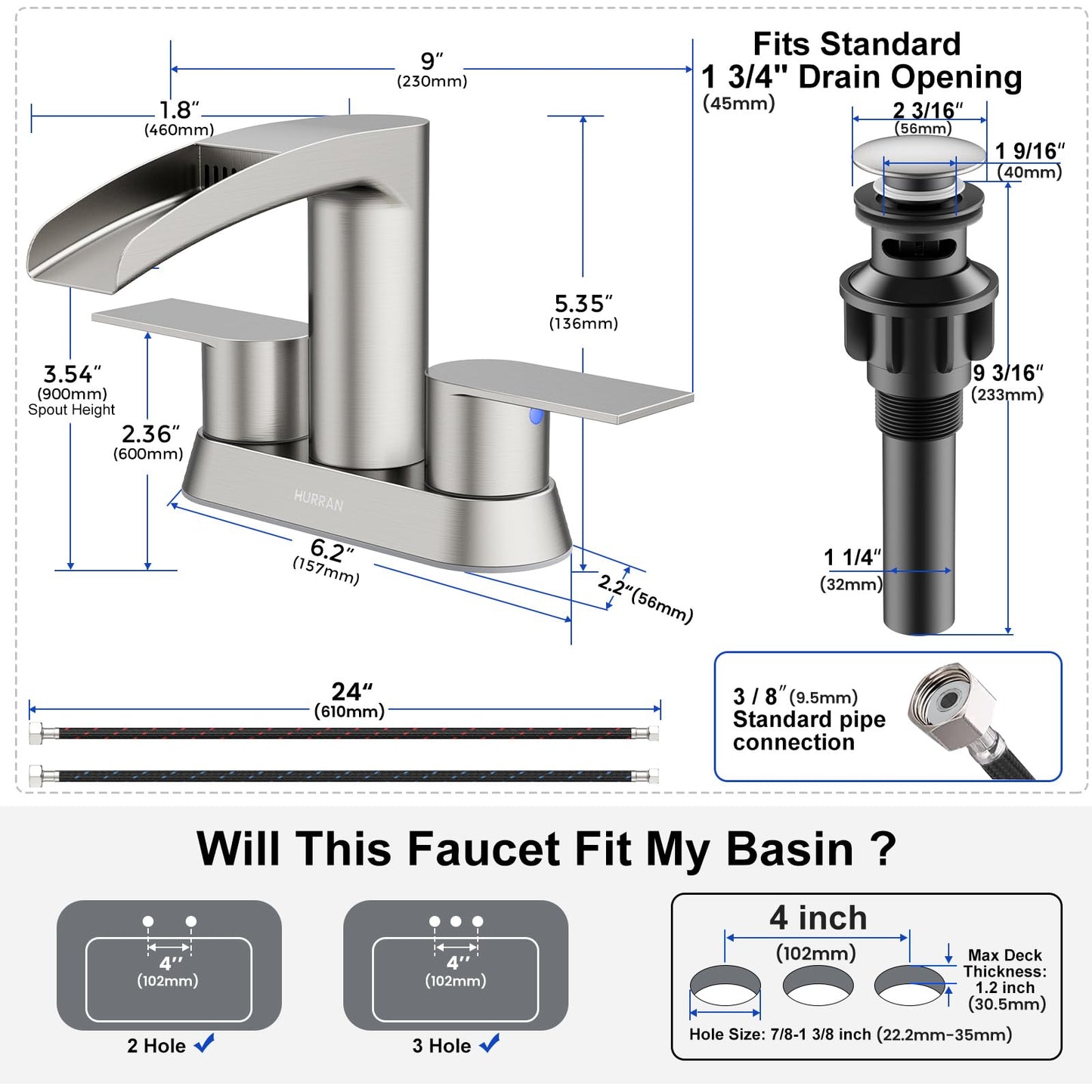 Bathroom Sink Faucet for 3 Hole, Hurran 4 Inch Bathroom Faucets with Pop-up Drain, Stainless Steel 2-Handle Waterfall Faucet for Sink, Brushed Nickel