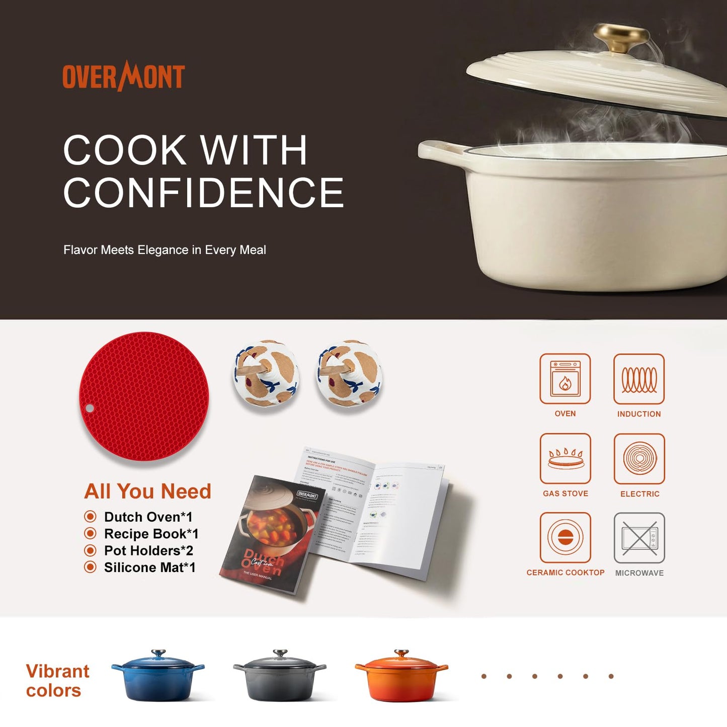 Overmont Enameled Cast Iron Dutch Oven - 5.5QT Pot with Lid Cookbook & Cotton Potholders - Heavy-Duty Cookware for Braising, Stews, Roasting, Sourdough Baking White