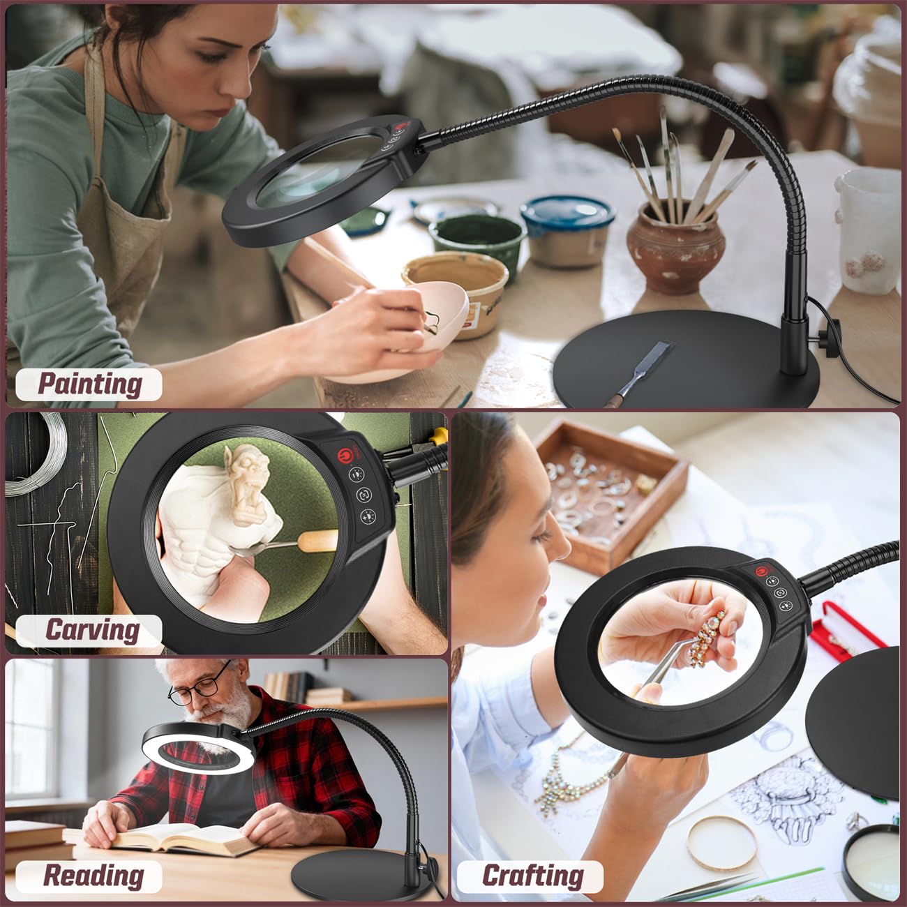 Krstlv 10X Magnifying Glass with Light and Stand, 16.5in Flexible Goose-Neck, 5 Color Modes Stepless Dimmable LED Lighted Desk Lamp, Hands Free Magnifier for Crafting Hobby Painting Close Work - Black