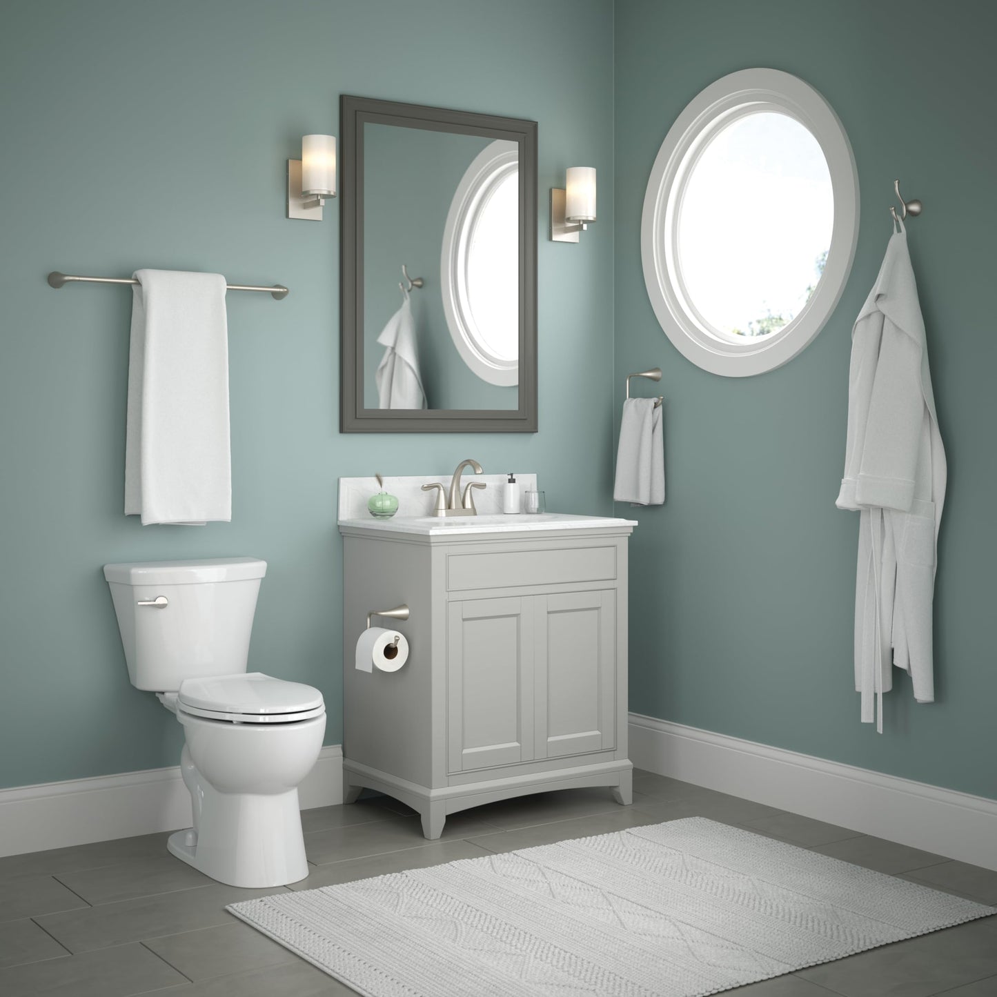 Delta ARV64-DN Arvo 4-Piece Bath Hardware Set 18-in Towel Bar w/ 6-in Extender, Toilet Paper Holder, Towel Ring, Hook, Brushed Nickel