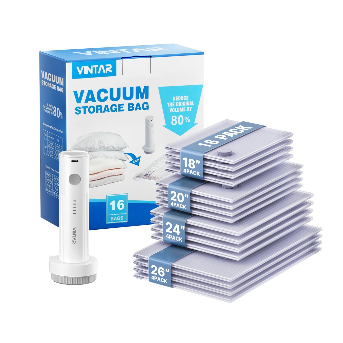 Vacuum Seal Bags for Clothing Travel, VINTAR 16 Pack Vacuum Storage Bags with Rechargeable Wireless Pump, Space Saver Bags(4 Jumbo+4 Large+4 Medium+4 Small) for Travel Luggage, Suitcase Storage