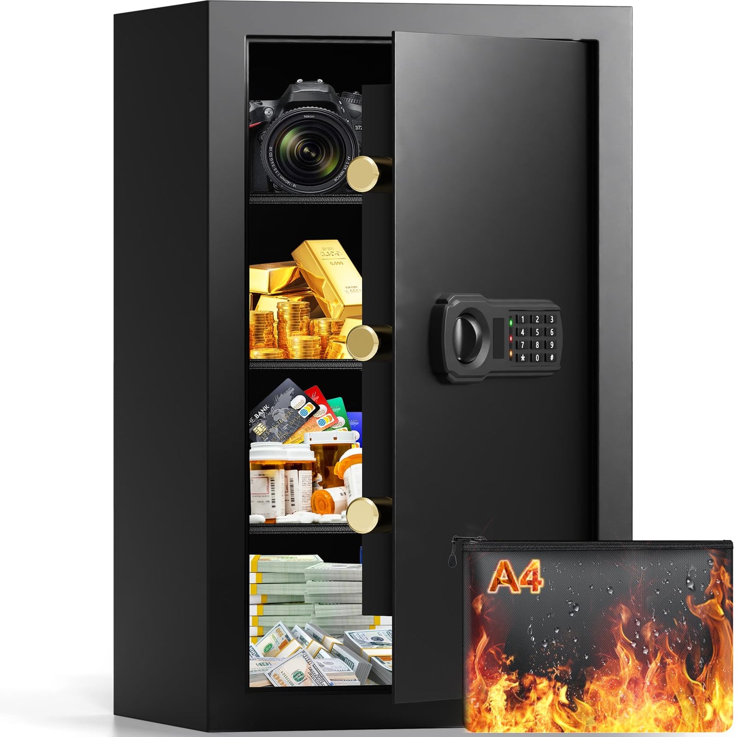 4.5 Cubic Large Fireproof Safe Box with Fireproof Document Bag, Personal Security Home Safe with 3 Removable Shelf, Anti-Theft Lock Box for Documents Money Jewelry Valuables