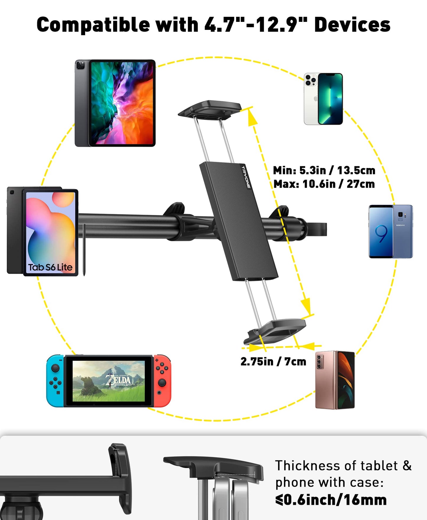 Car Tablet Holder Mount for iPad: Headrest Tablet Stand for Car Back Seat Compatible with iPad Pro Air Mini | Galaxy Tab | Kindle Fire HD | Switch OLED or Other 4.7-13" Devices