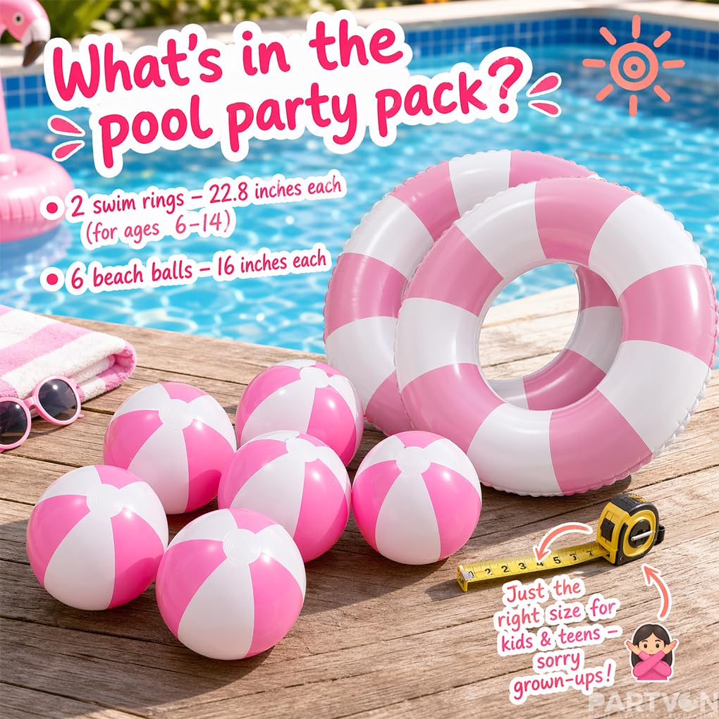 8Pcs Inflatable Pool Float Set Includes 2Pcs 22.8" Swim Ring & 6Pcs 16" Beach Ball Bulk PVC Summer Water Toys for Swimming Pool Beach Hawaiian Tropical Party Favors Decorations Supplies (Pink)