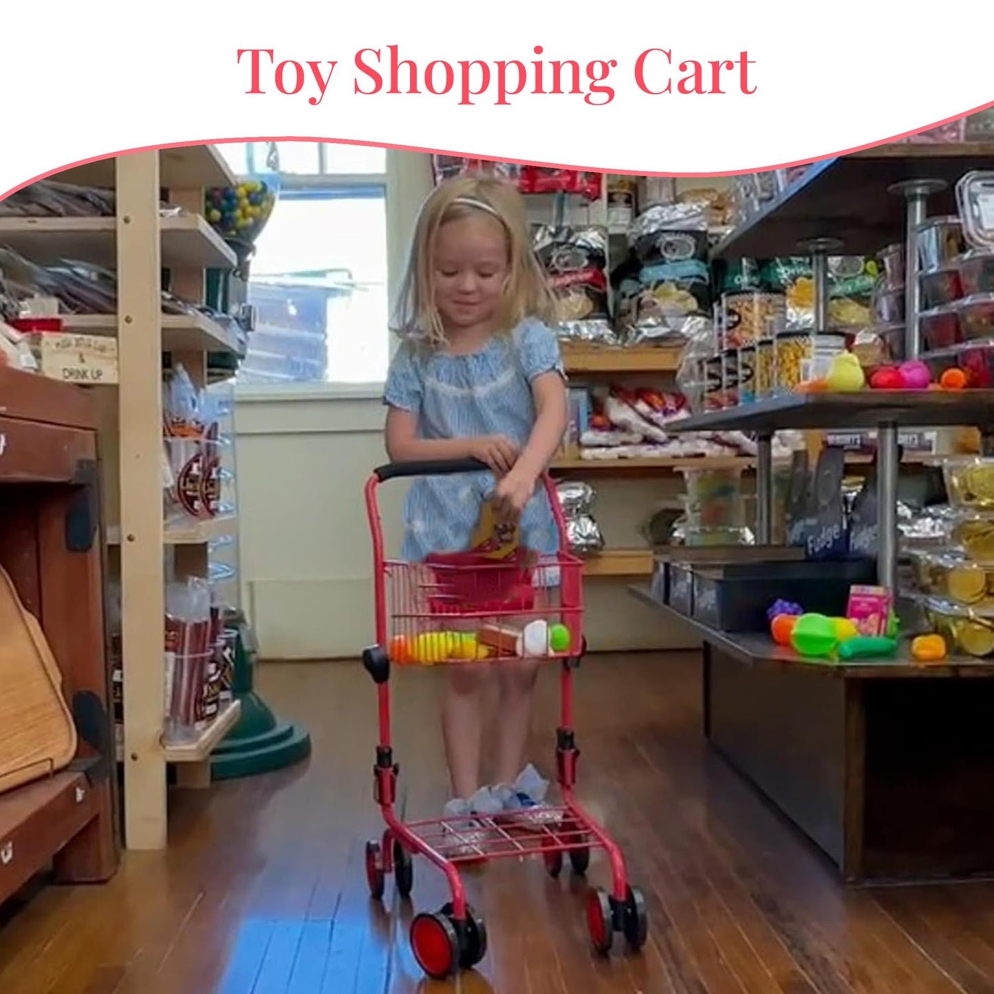 The New York Doll Collection Toy Shopping Cart for Kids and Toddler - Includes Food - Folds for Easy Storage - with Sturdy Metal Frame (Red)
