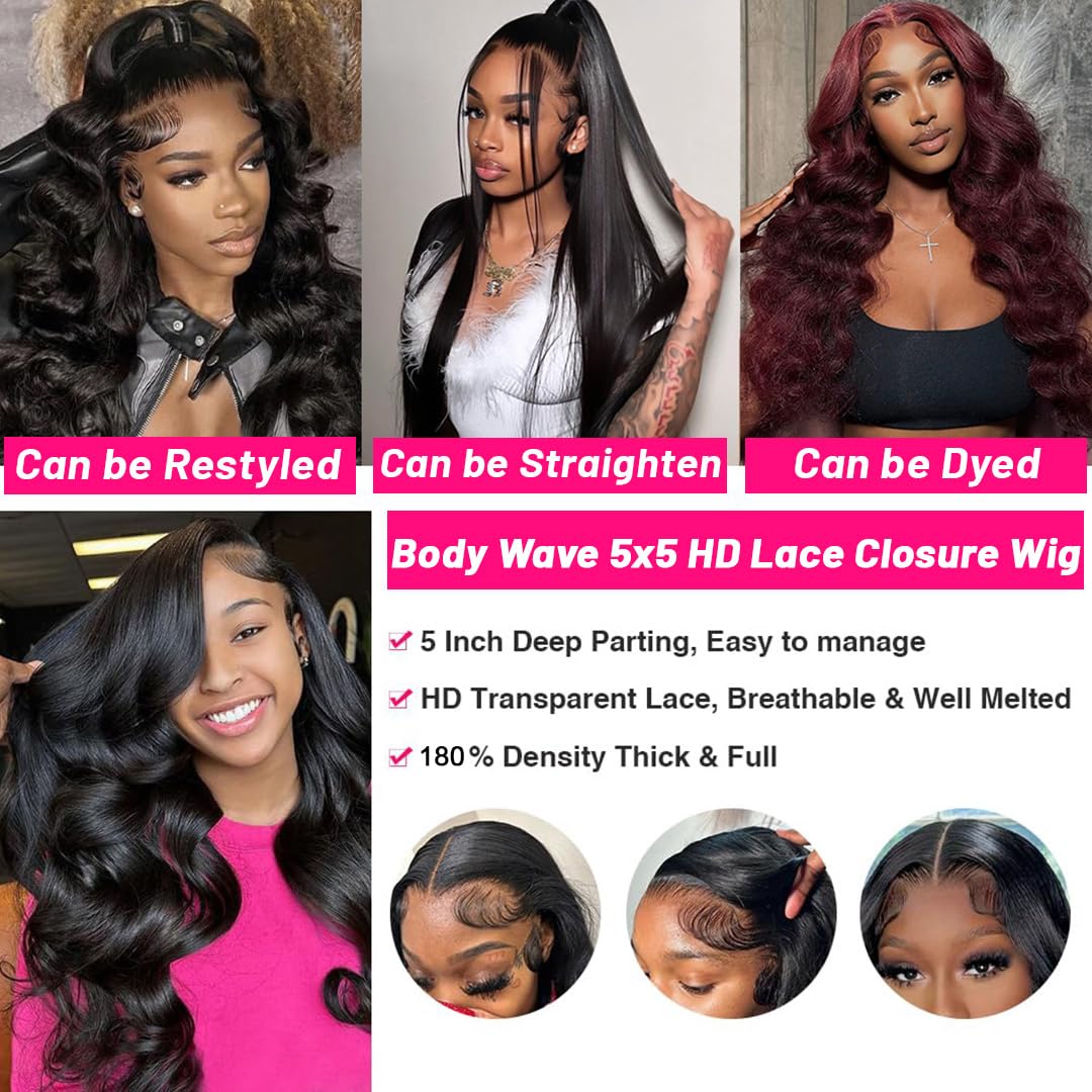 Thickrot 5x5 HD Lace Closure Wigs Human Hair 180% Density Glueless Wigs Human Hair Pre Plucked Pre Cut for Beginners Body Wave Lace Front Wigs Human Hair for Women Natural Black 18 Inch