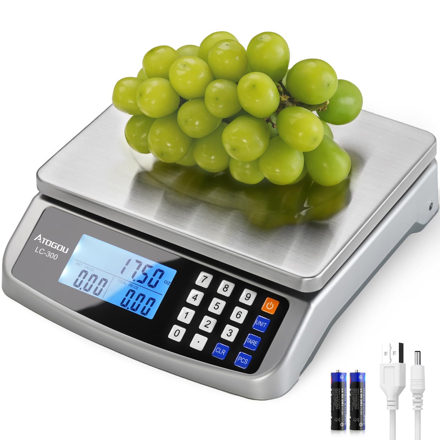 ATOGOU 66lb/30kg Commercial Large Digital Kitchen Scale 0.05oz/1g with Price Computing, 304 Stainless Steel Scale, AA Battery or Plug-in Use and LCD Display for Baking, Cooking, Counting Coins DT580