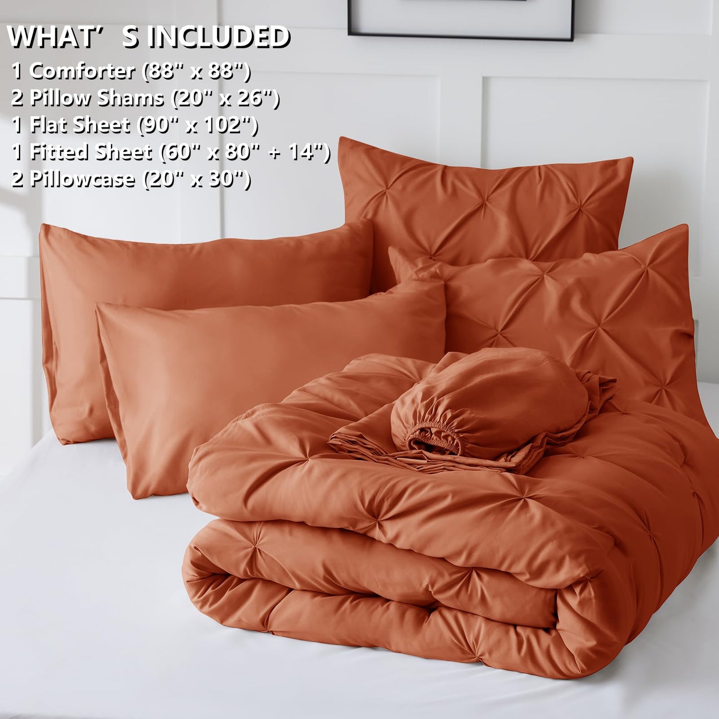 HIMEET Queen Comforter Set Burnt Orange - 7 Pieces Pintuck Bed in a Bag, Pinch Pleat Modern Room Decor, All-Season Soft Bedding Gift with Comforter, Sheets, Pillowcases & Shams