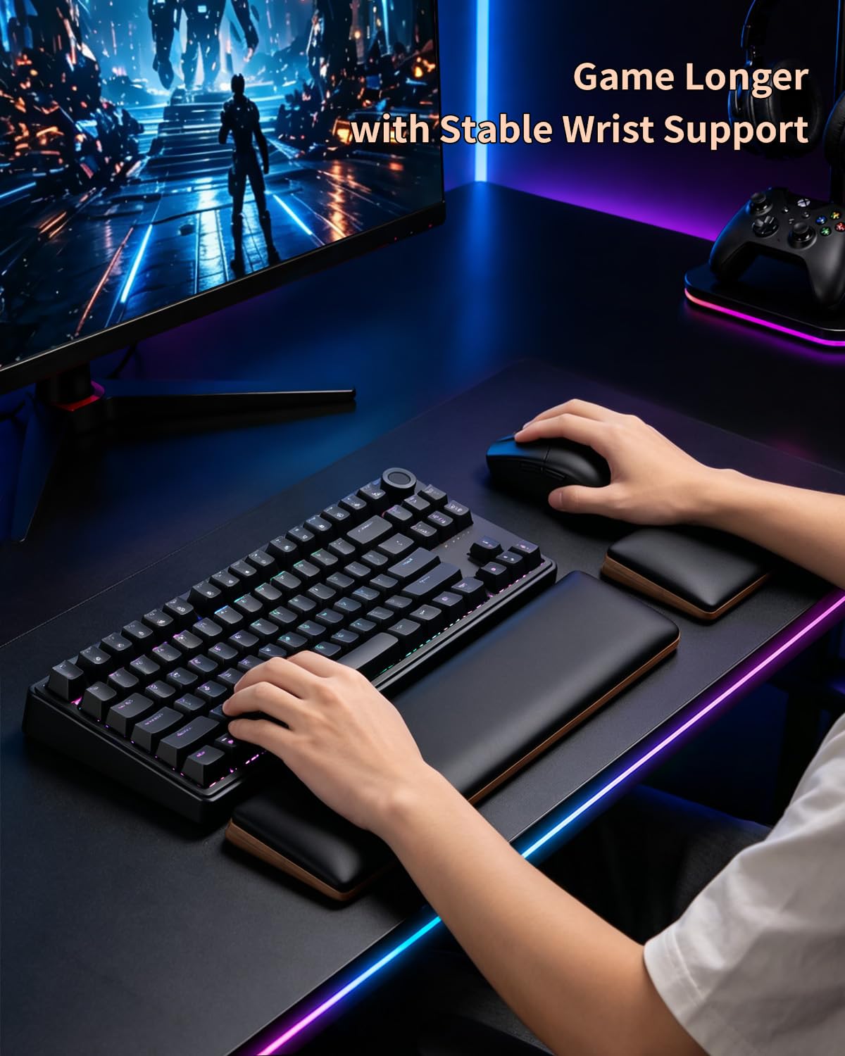 ASFSKY Keyboard and Mouse Wrist Rest Set for 60%-75% Compact Keyboards – Ergonomic Wooden Support Pad with PU Leather & Memory Foam, Anti-Slip Rubber Base for Gaming, Office & Typing Pain Relief