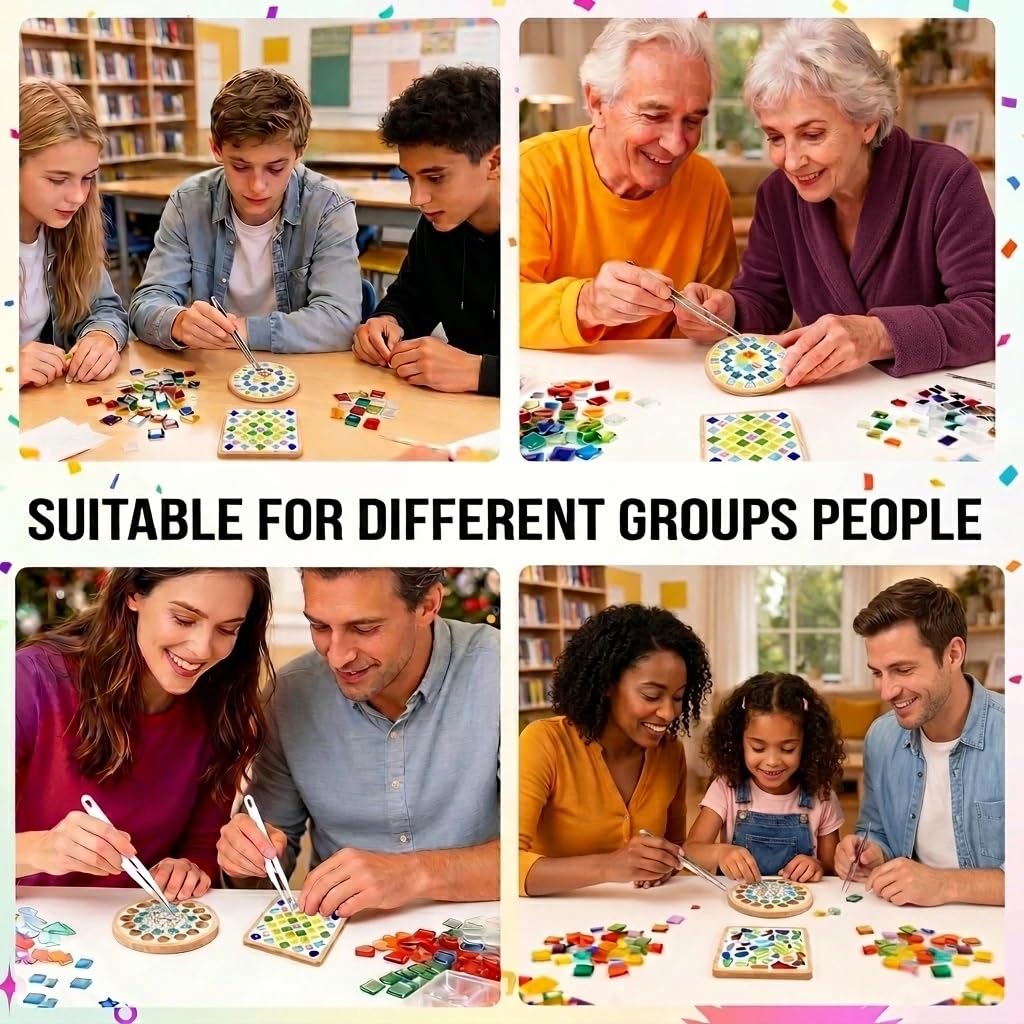 DIY Mosaic Kits for Adults & Beginners - Complete Mosaic Coaster Making Kit with Glass Tiles & Wooden Bases - Ideal Arts and Crafts Projects for Family, DIY Gifts, Christmas Ornaments, and Home Decor