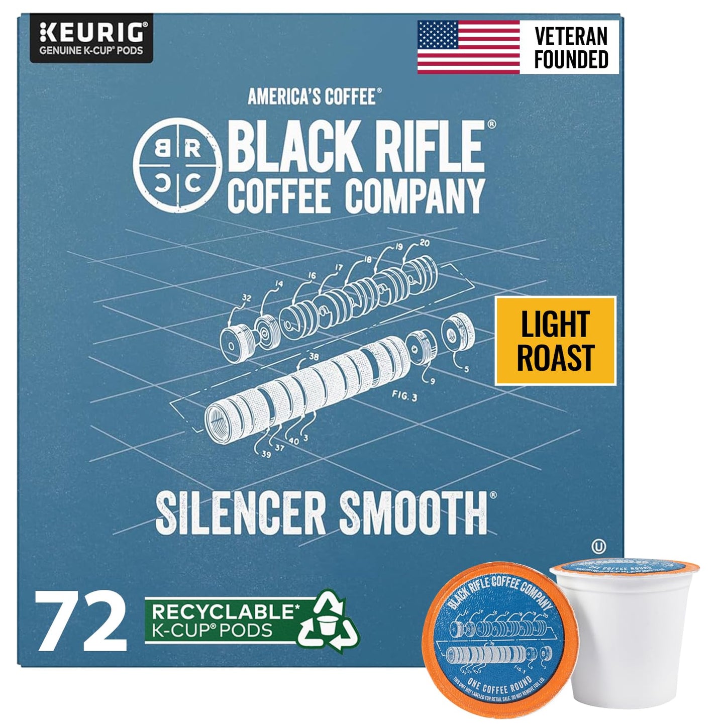 Black Rifle Coffee Company Light Roast K Cups - Single Serve K Cups Coffee Pods - Kcup Pods Compatible with all Keurig Machines Made from Pure Arabica Beans (Silencer Smooth, 6 Pack -72 Count)