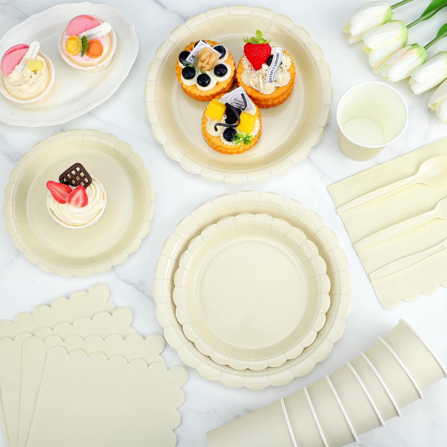 Xiangqu 350 Pcs Ivory Dinnerware Sets, 9" Party Plates, 7" Cream Dessert Plate, 9oz Cups & Cutlery, 50 Guest Beige Scalloped Disposable Plates Set for Baby Bridal Shower, Wedding, Birthday