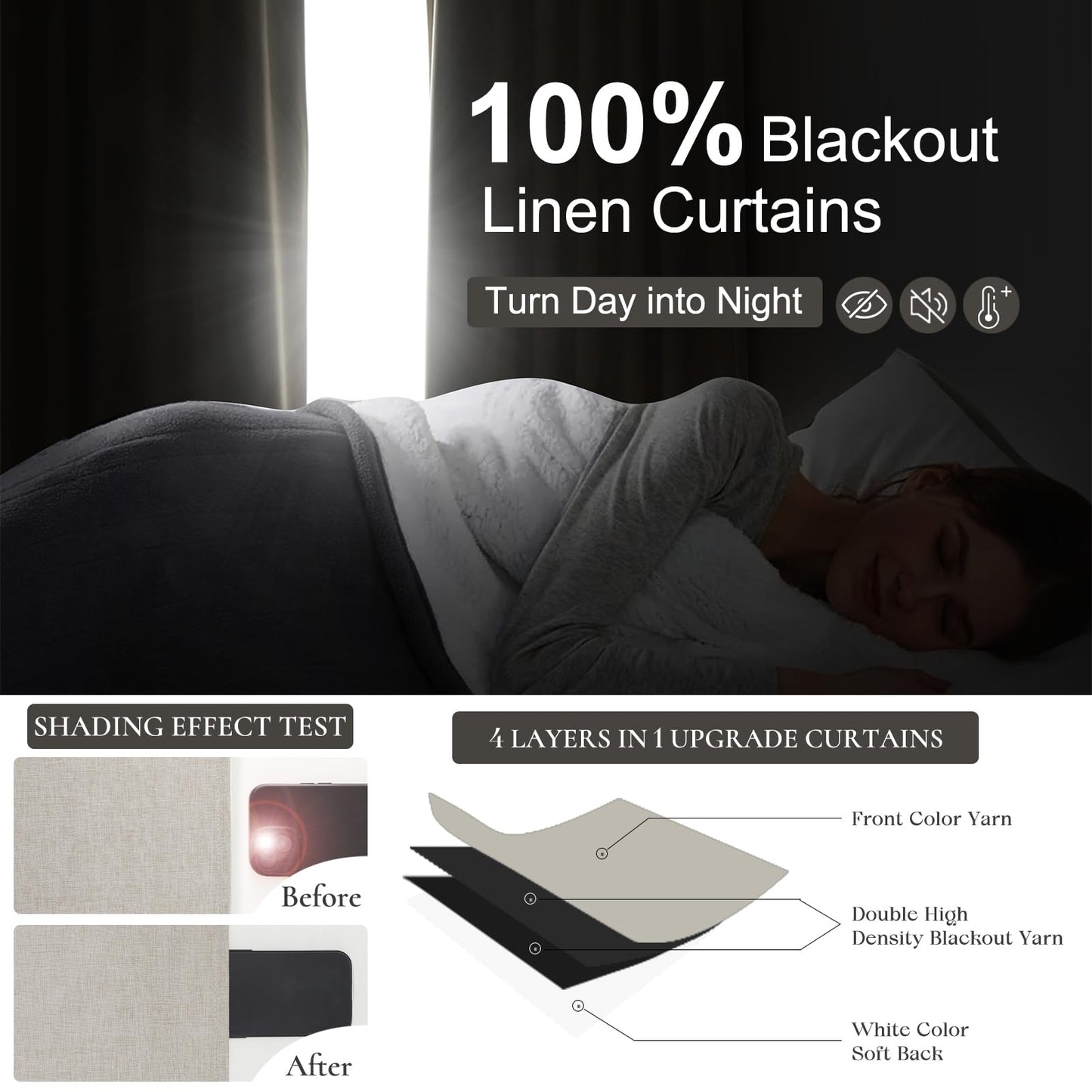 Blackout Curtains 70 Inches Extra Wide Natural Linen Curtains 84 Inch Length for Living Room, Pleated Farmhouse Bedroom Thermal Drapes for Winter Thick Window Energy Efficient 70"W x 84"L 2 Panels