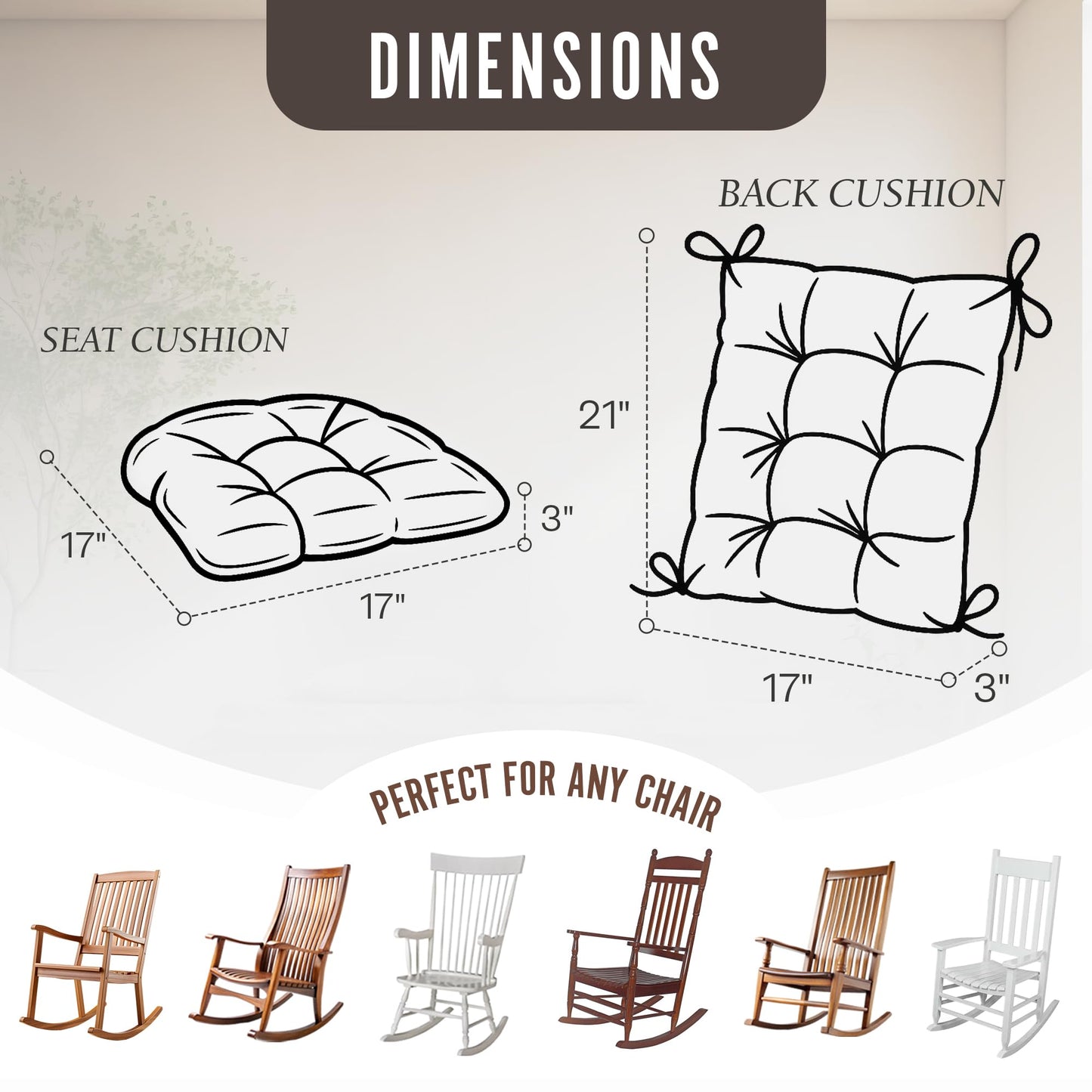 Klear Vu The Gripper Non-Slip Rocking Chair Cushion Thick, Includes Seat Pad & Back Pillow with Ties for Indoor Living Room Rocker, 17x17 Inches, 2 Piece Set, Cream