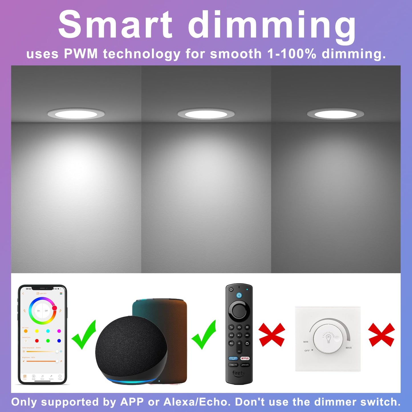 SikSog Smart Recessed Lighting 6 Inch RGBCW Color Changing 16W LED Downlight with Junction Box,1350 Lumen Recessed Ceiling Light Compatible with Alexa,Dimmable by Bluetooth Control -6Pack