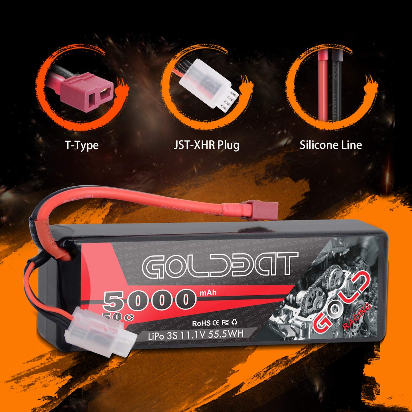GOLDBAT 11.1V 5000mAh 3S 50C Lipo RC Battery Pack Hard Case with Deans T Connector for E-maxx Axial RC Car Truck Buggy Truggy Hobby (2 Pack)