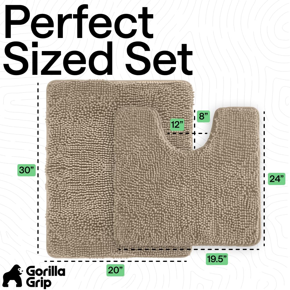 GORILLA GRIP Bathroom Rug Sets, Soft Chenille 2 Piece Area Rugs Set, Toilet Base Mat and 30x20 Carpet, Absorbent Microfiber Washable Mats Dry Quickly, Home Décor and Bath Room Accessories, Gray Beige