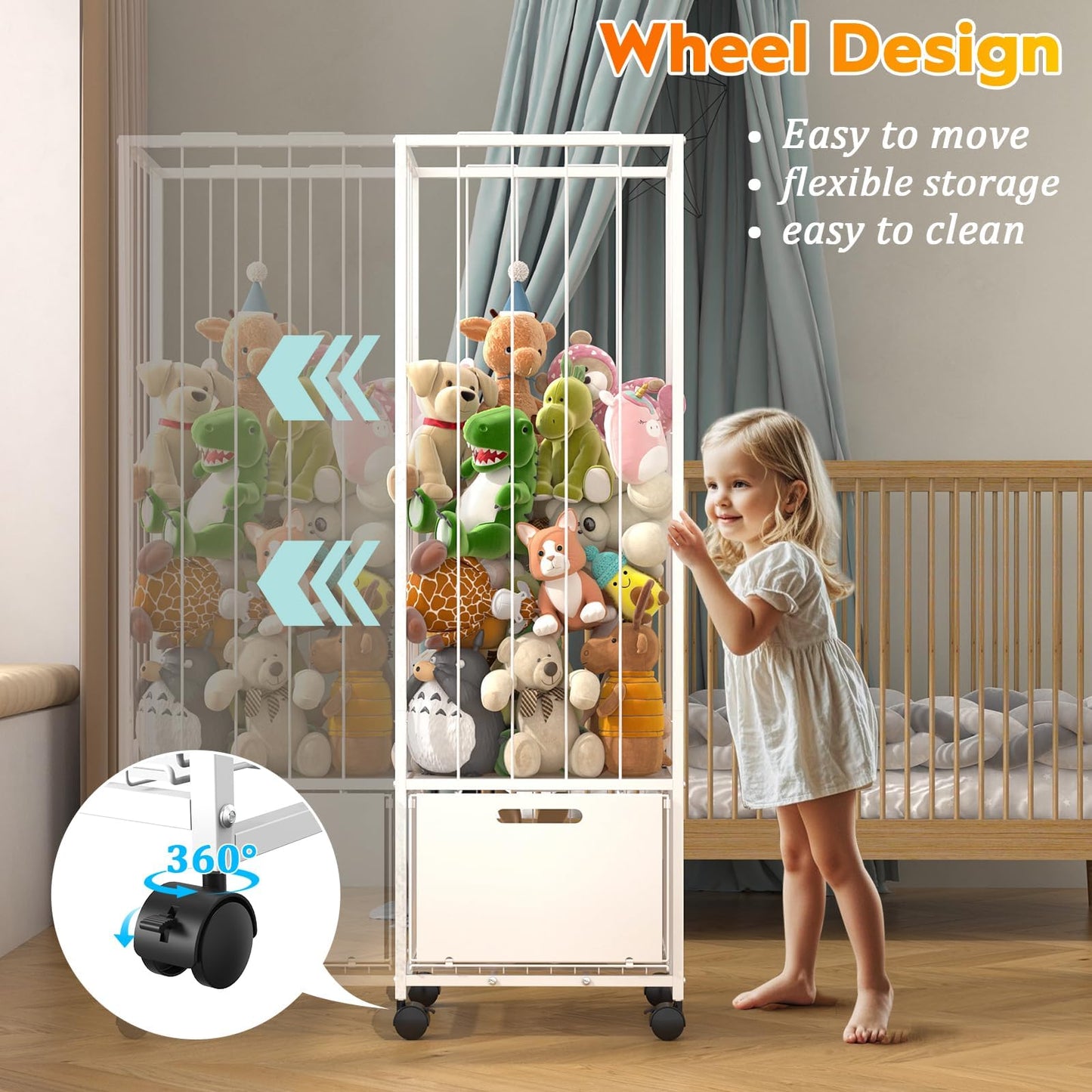 BUKFEN Metal Stuffed Animal Storage Zoo Toy Organizer - Large Capacity Plush Holder with Adjustable Elastic Cords & 4 Wheels, Vertical Space-Saving Design for Kids Nursery Playroom Bedroom,White