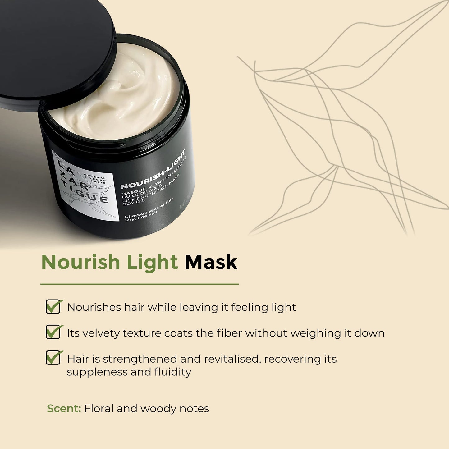 Lazartigue Nourish-Light Mask, Enhanced with the Richness of Soybean Oil, Strengthens Hair Fibers, Softens and Moisturizes Hair, 8.4 Fl Oz