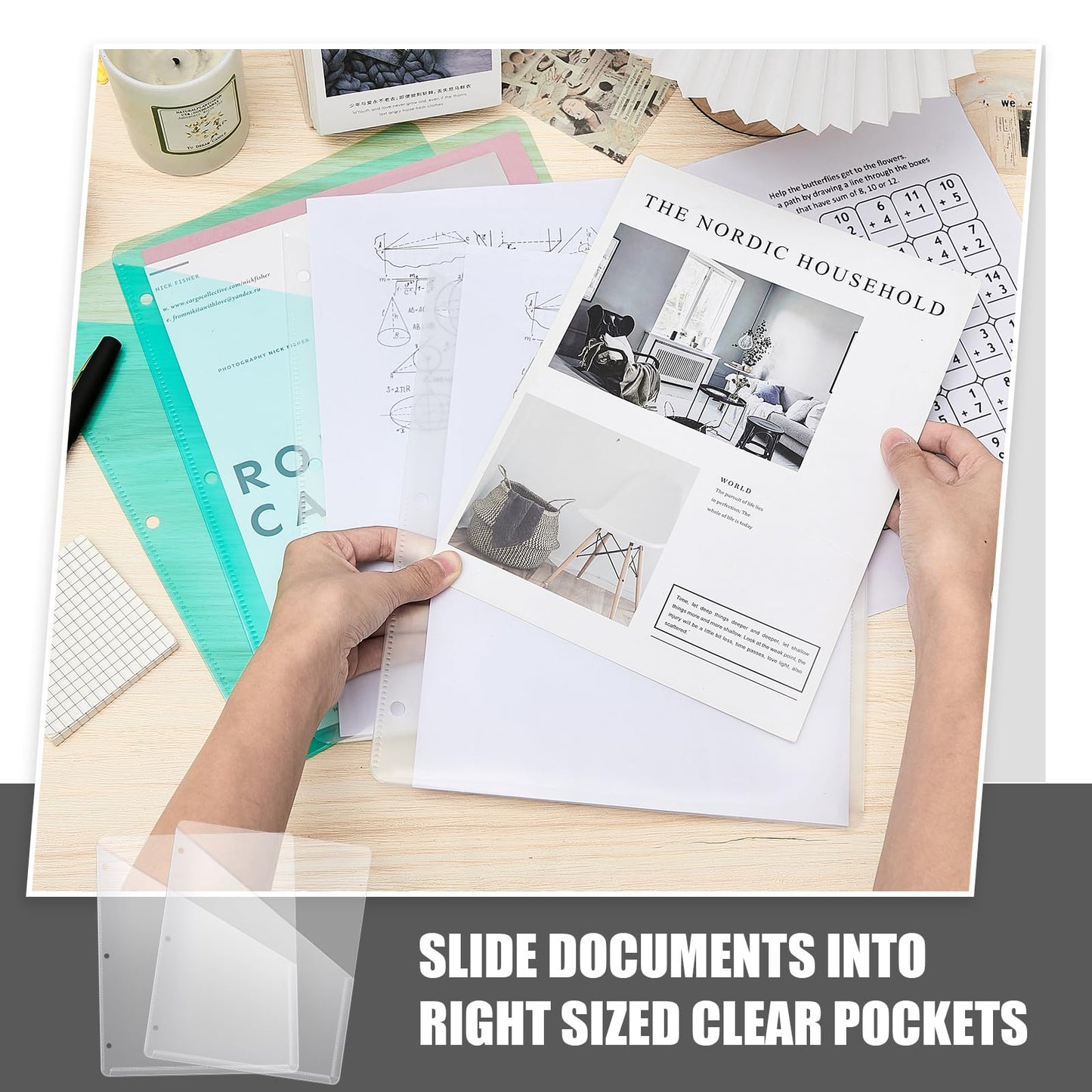 Seajan 48 Pcs 3 Hole Punch Binder Folders 3 Ring Binder Plastic Sleeves Clear Poly Translucent Slash File Jacket Binder Organizer Pockets for Paper Document(White)