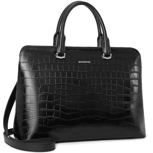 BOSTANTEN Briefcase for Women Leather 15.6 inch Laptop Shoulder Bags Office Work Crossbody Handbags Crocodile Pattern Black
