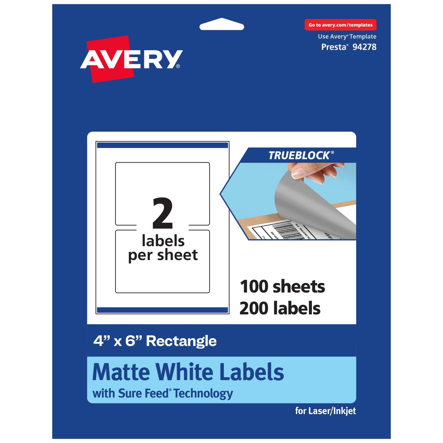 Avery TrueBlock Matte White Rectangle Labels with Sure Feed, 4" x 6", 200 Matte White Labels, Print-to-The-Edge, Laser/Inkjet Printable Labels, Great for Packaging and Product Labels