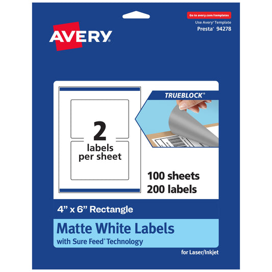 Avery TrueBlock Matte White Rectangle Labels with Sure Feed, 4" x 6", 200 Matte White Labels, Print-to-The-Edge, Laser/Inkjet Printable Labels, Great for Packaging and Product Labels