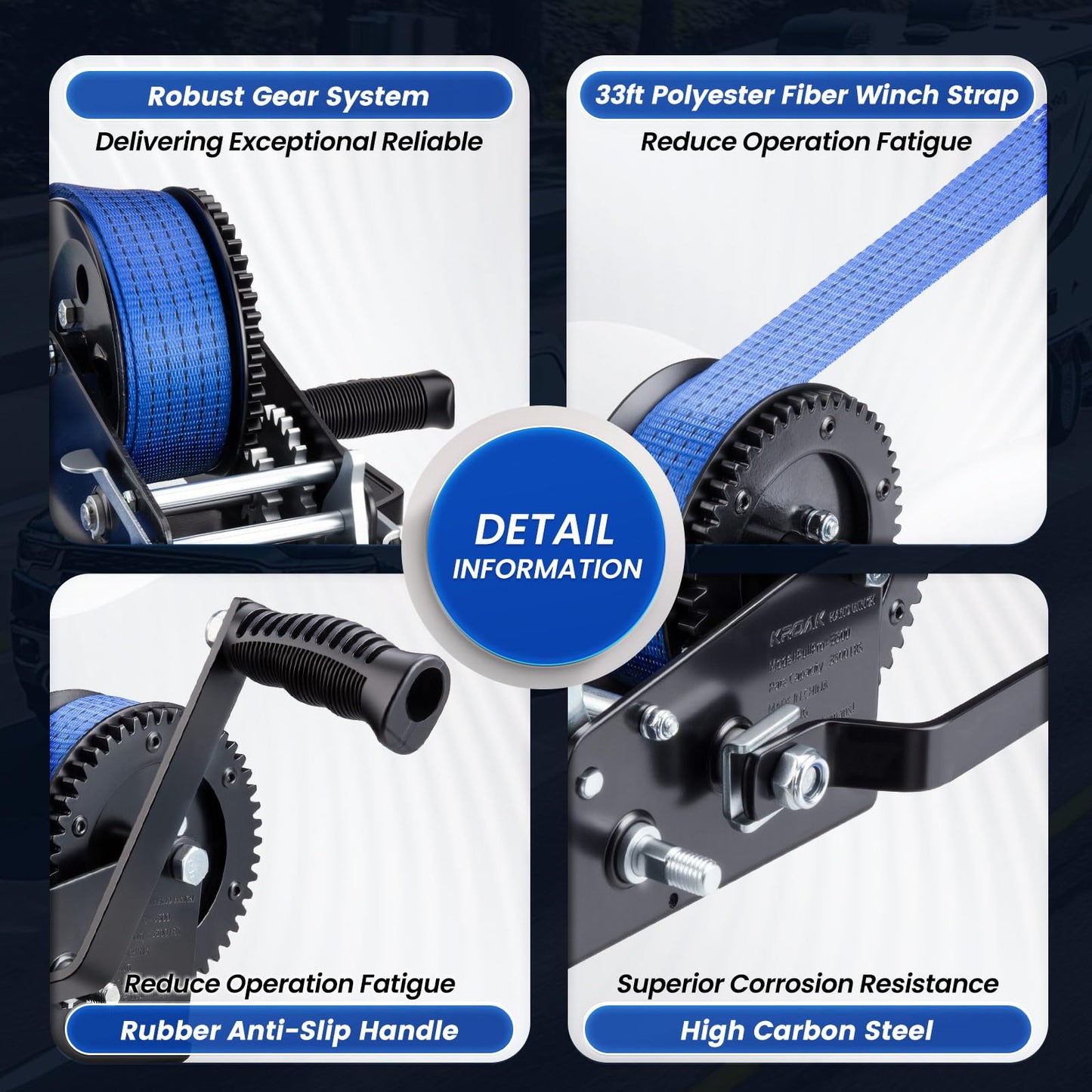 3500lbs Heavy Duty Boat Trailer Winch with 33 FT Strap, 2-Way Ratchet & 4:1/8:1 Gear Gear Ratio - Portable Hand Crank Winch for Boat, Trailer, Truck, RV, ATV, Jet Ski - Manual Winch Easy Operation