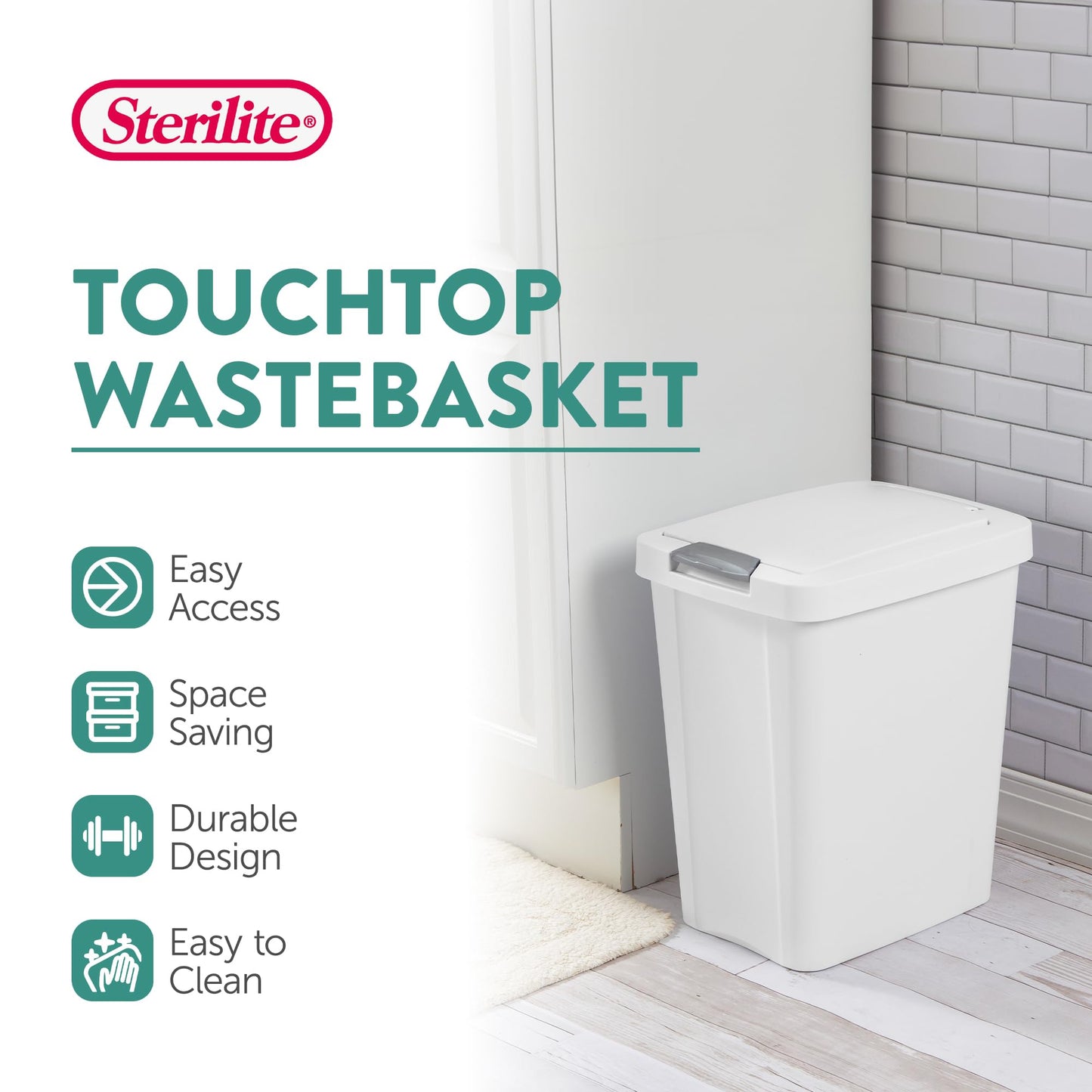 Sterilite 7.5 Gallon TouchTop Wastebasket Trash Can with Pop Up Lid for Kitchen, Bathroom, Mudroom or Office, 4 Pack, White
