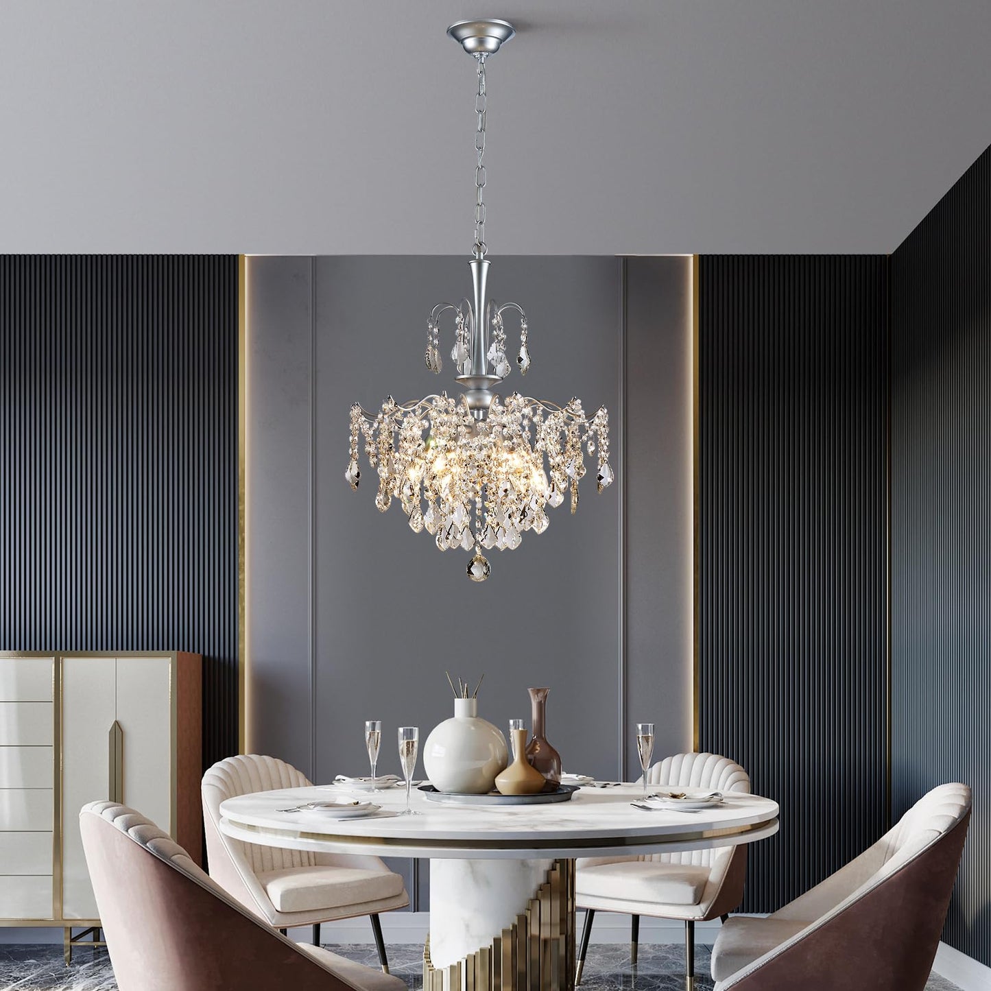 Uiimeces Modern Crystal Chandelier, Chrome Candle Chandeliers for Dining Room Lighting Fixtures Hanging, Kitchen Ceiling Hanging Pendant Light for Bedroom Living Room Kitchen Island Hallway