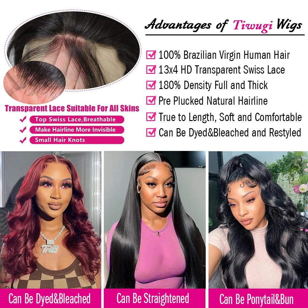 Tiwugi 30 Inch Body Wave Lace Front Wigs Human Hair Pre Plucked 13x4 HD Lace Front Wigs Human Hair 180% Density Body Wave Glueless Frontal Wigs Human Hair for Women