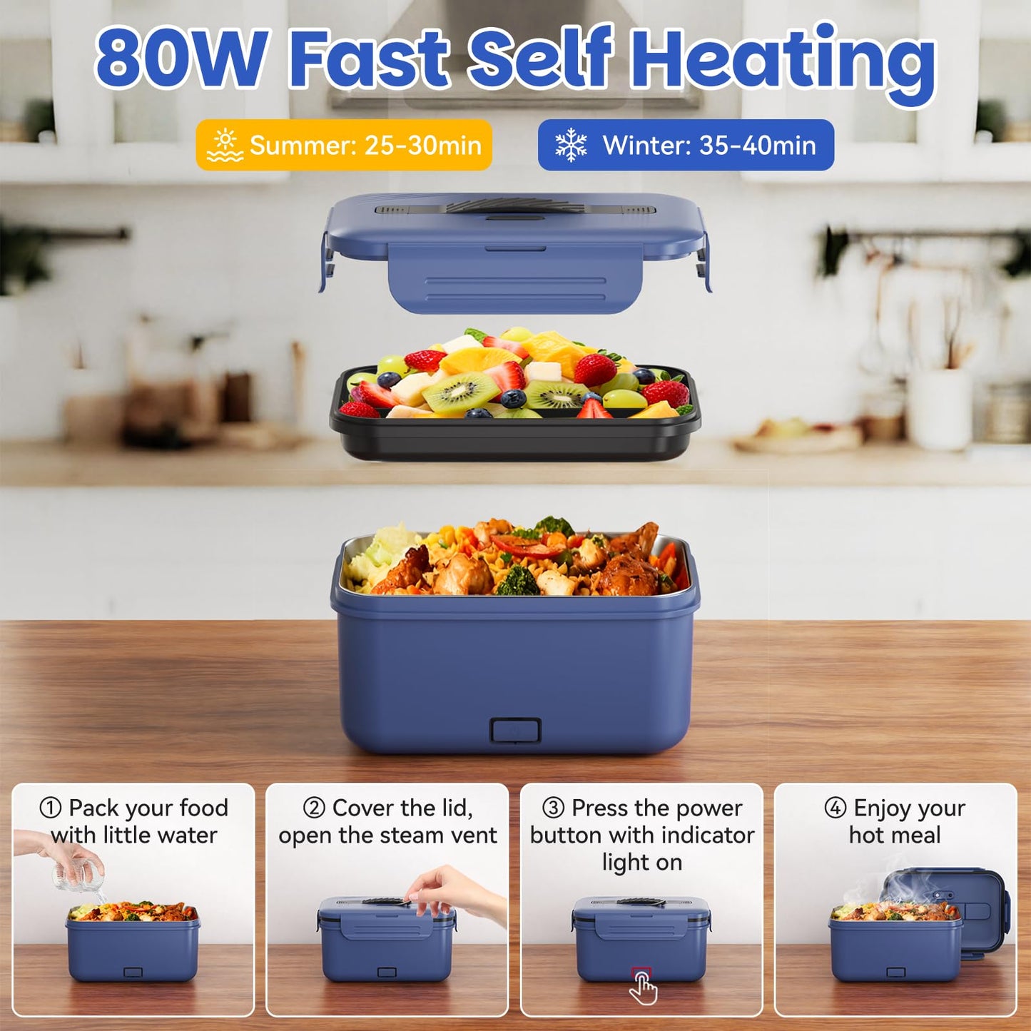 Vingud Cordless Electric Lunch Box for Adults, 1.8L Rechargeable Heated Lunch Box Food Warmer, Portable Self Heating for Men/Women/Office/Car, Lonchera Eléctrica Portátil Battery Powered Father's Gift