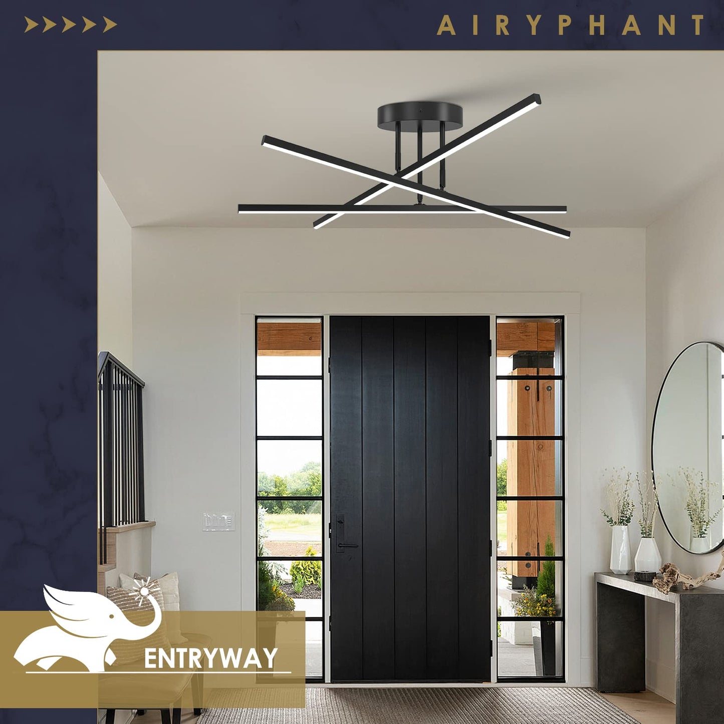 AIRYPHANT Modern LED Chandelier 24W Dimmable Black Semi Flush Mount Ceiling Light Fixture for Kitchen Dining Room Foyer Entry, 23.82"
