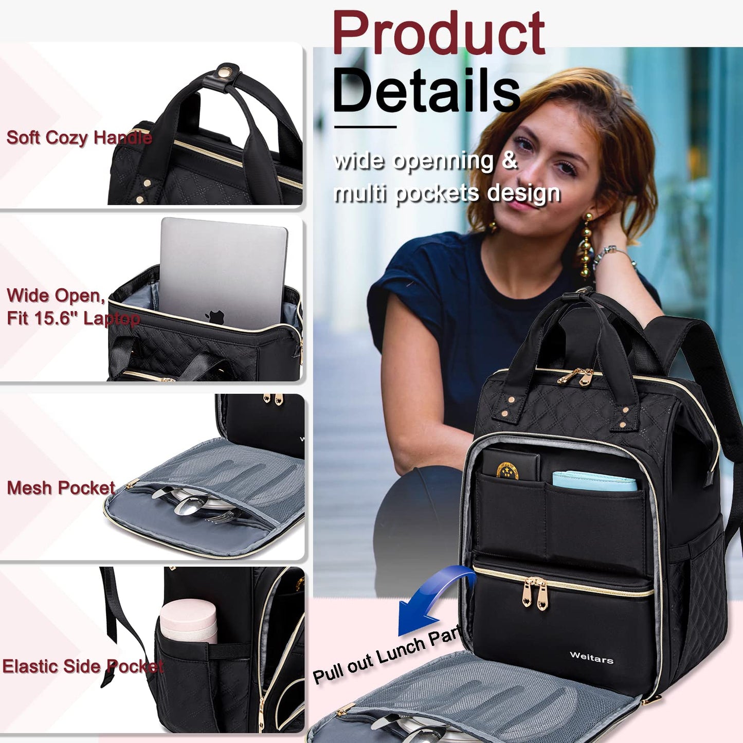 Weitars Lunch Backpack For Women,15.6 Inch Laptop Backpacks For Womens Back pack, Travel Backpacks,Work Backpack For Women (Black)
