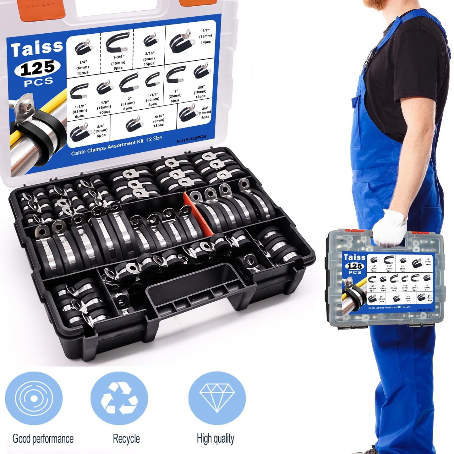 Taiss 125PCS Cable Clamps 304 Stainless Steel Rubber Cushion Pipe Clamps Assortment Kit,12 Sizes 3/16" 1/4" 5/16" 3/8" 1/2" 5/8" 3/4" 1" 1-1/4" 1-1/2" 1-3/4" 2" Wire Clamps With Portable Handheld Box