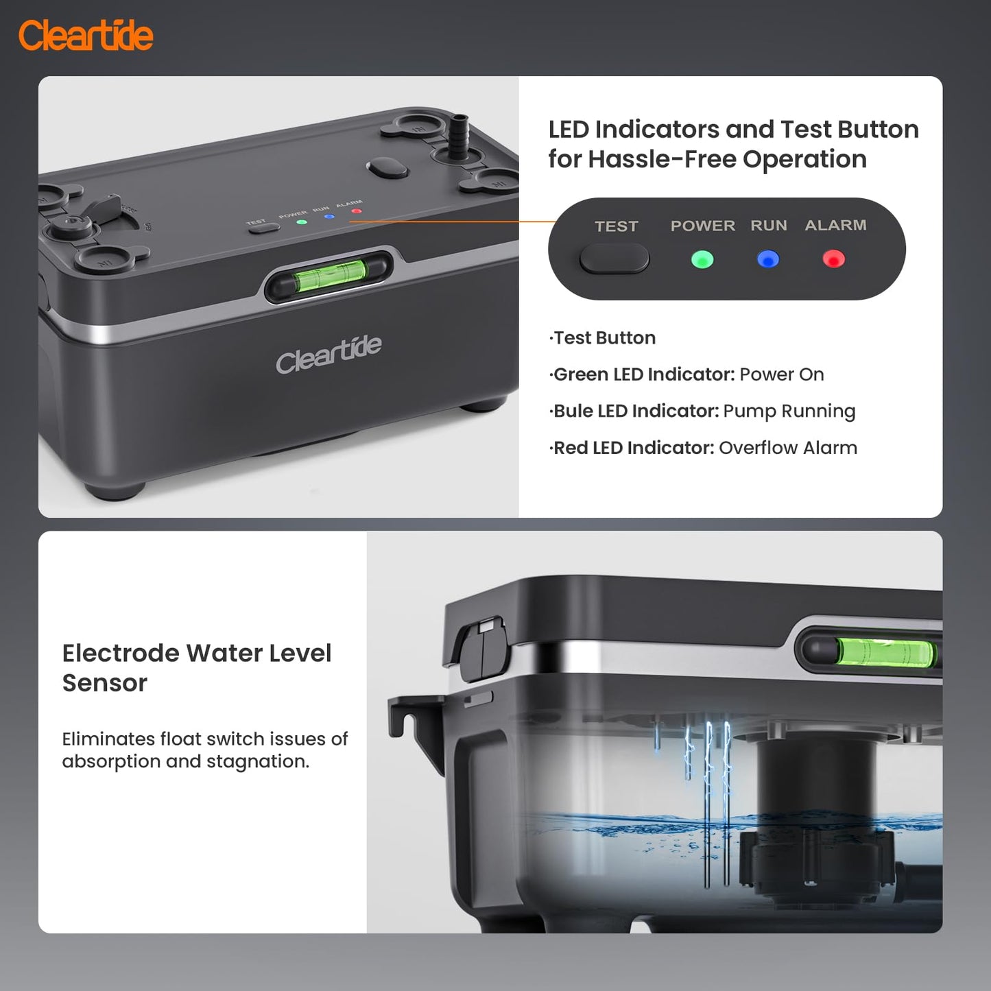 Cleartide Condensate HVAC Pump, Ultra-Quiet 25dB, 1/30 HP 135 GPH, Automatic Condensate Removal Pump with Safety Switch for Air Conditioner/Furnace/Dehumidifier/Ice Machine, 100-240V, 27ft Head Height