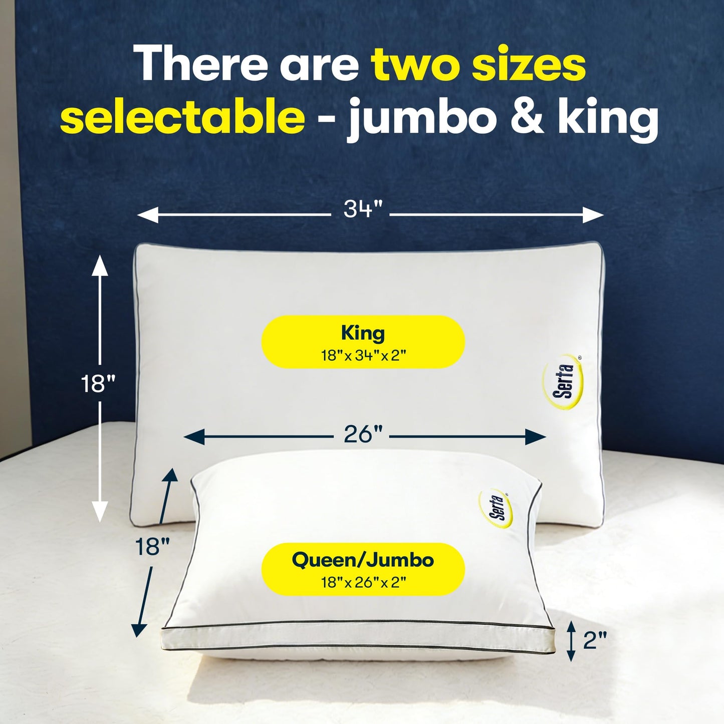 Serta Hotel Collection Bed Pillows Queen/Standard Size Set of 2, 400 Thread Count 100% Cotton Cover, Medium Soft, Support Gusseted Down Alternative Pillow for Back, Stomach or Side Sleepers, 18" x 26"