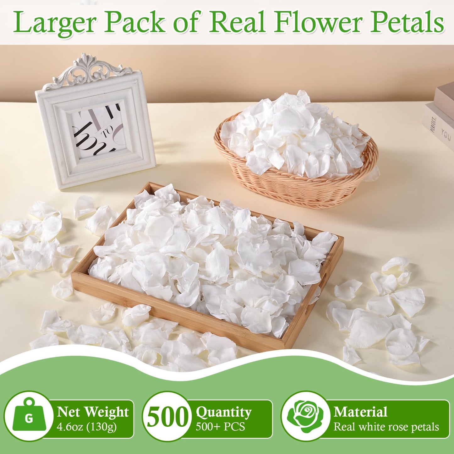 Eslibin 500+ PCS Real White Rose Petals, 4.57oz (130g) Preserved White Flower Petal for Wedding Flower Girl, Dried Flower Petal for Babyshower Bridal Party Aisle Table Scatter Decor