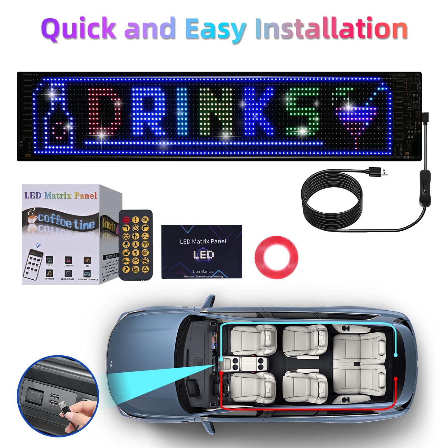 Eachbid Programmable Scrolling LED Sign, 23.4"x4.7", USB Flexible Digital Sign, APP Control, Custom DIY Editor Text, Patterns, Animations, for Car, Store, School, Hotel