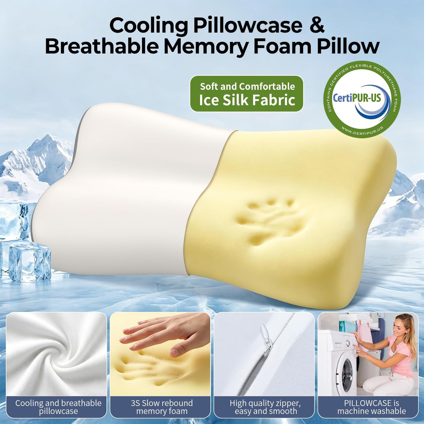Polovo Cervical Neck Pillow - Ergonomic Side Sleeper Pillow for Pain Relief, Contour Memory Foam Pillows for Deep Sleep, Orthopedic Cooling Pillow Bed Pillow for Side Back Stomach Sleepers(White&Grey)