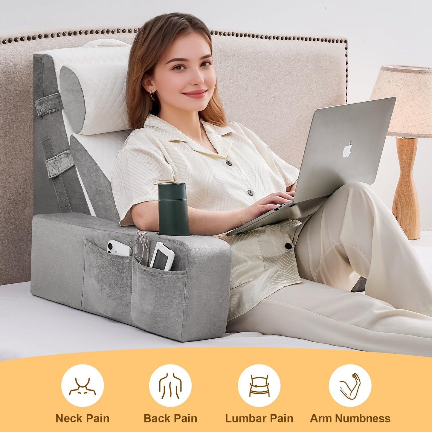 Reading Pillow for Sitting in Bed Adult, Back Pillow for Bed Sitting up with Arms, Pockets and Cup holder, Sit Up Backrest Pillows for Beds Chair Support, Rest Pillow for Gaming (Light gray, 5PCS)