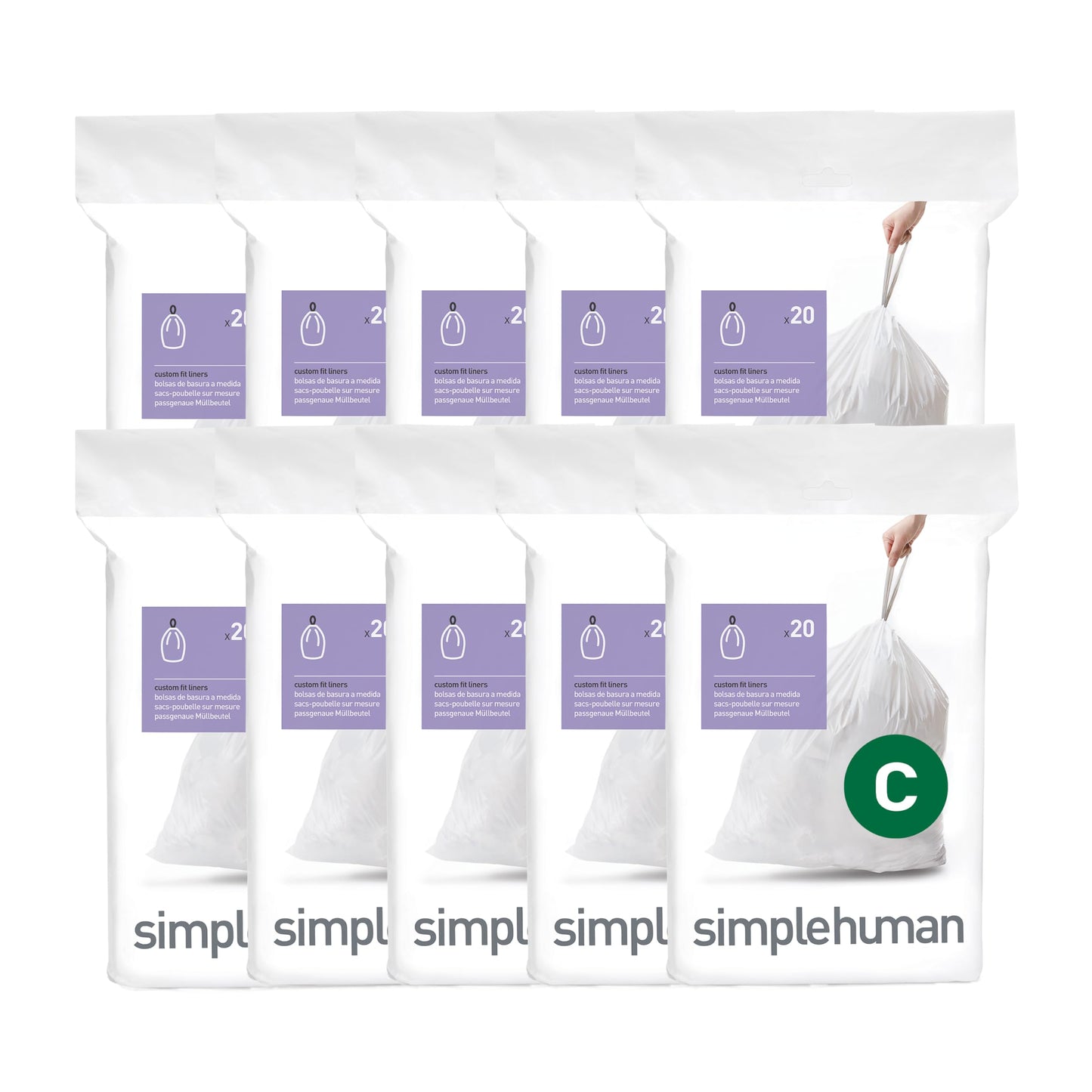 simplehuman Code C 200 Count Custom Fit Liners, Drawstring Kitchen Trash Bags, One-by-One Mess-Free Dispense, Extra Thick & Double Seamed, 50% PCR Plastic, 10-12 Liter / 2.6-3.2 Gallon, White