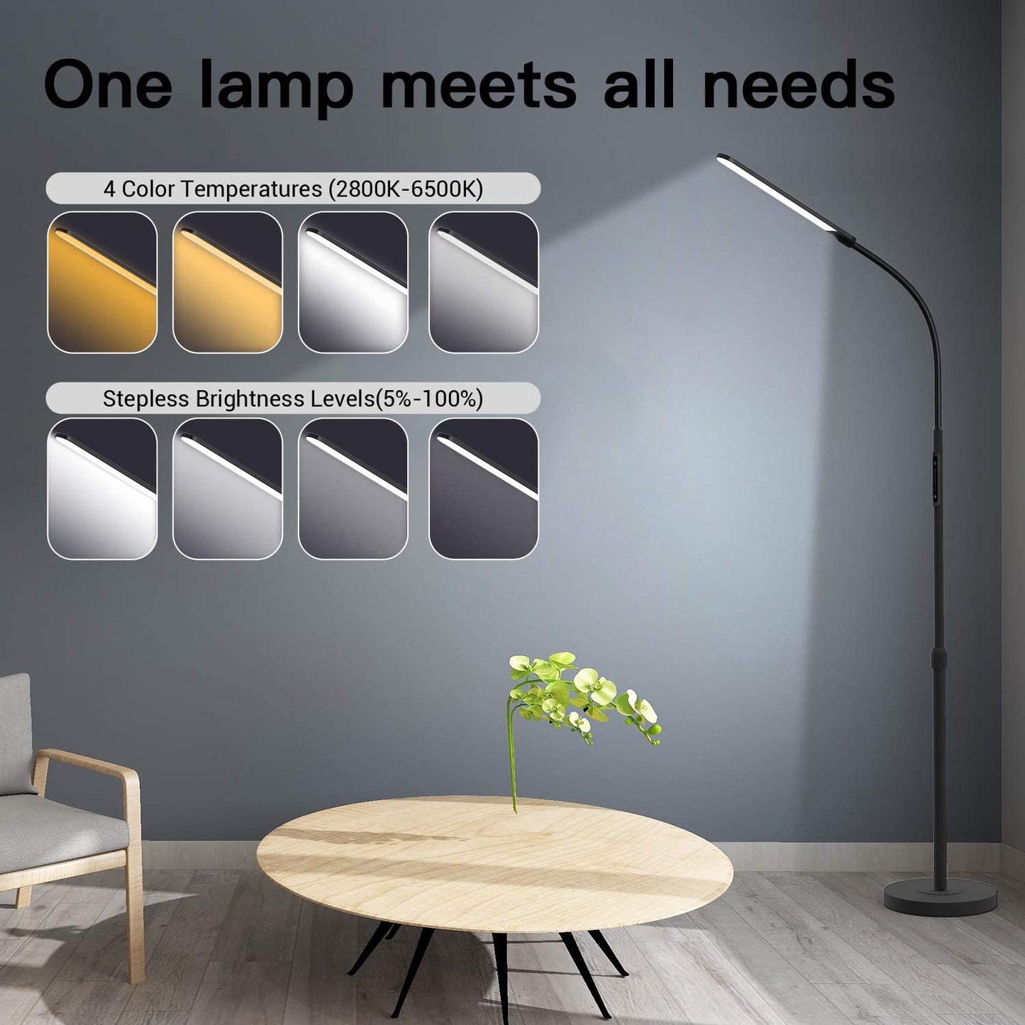 NXONE Led Floor Lamp,Modern Reading Adjustable Standing Height 4 Colors and Stepless Brightness Work Lamp for Living Room Bedroom Reading, Black