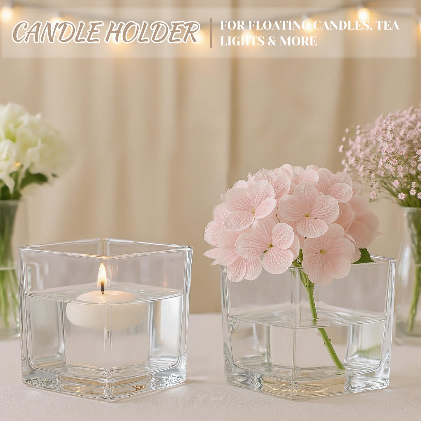 CONNOO 9 Pack Square Glass Vase 4" x 4" x 4", Clear Bulk Flower Vases for Centerpieces, Square Glass Cube Vase Floating Candle Holders for Wedding Party Home Decor