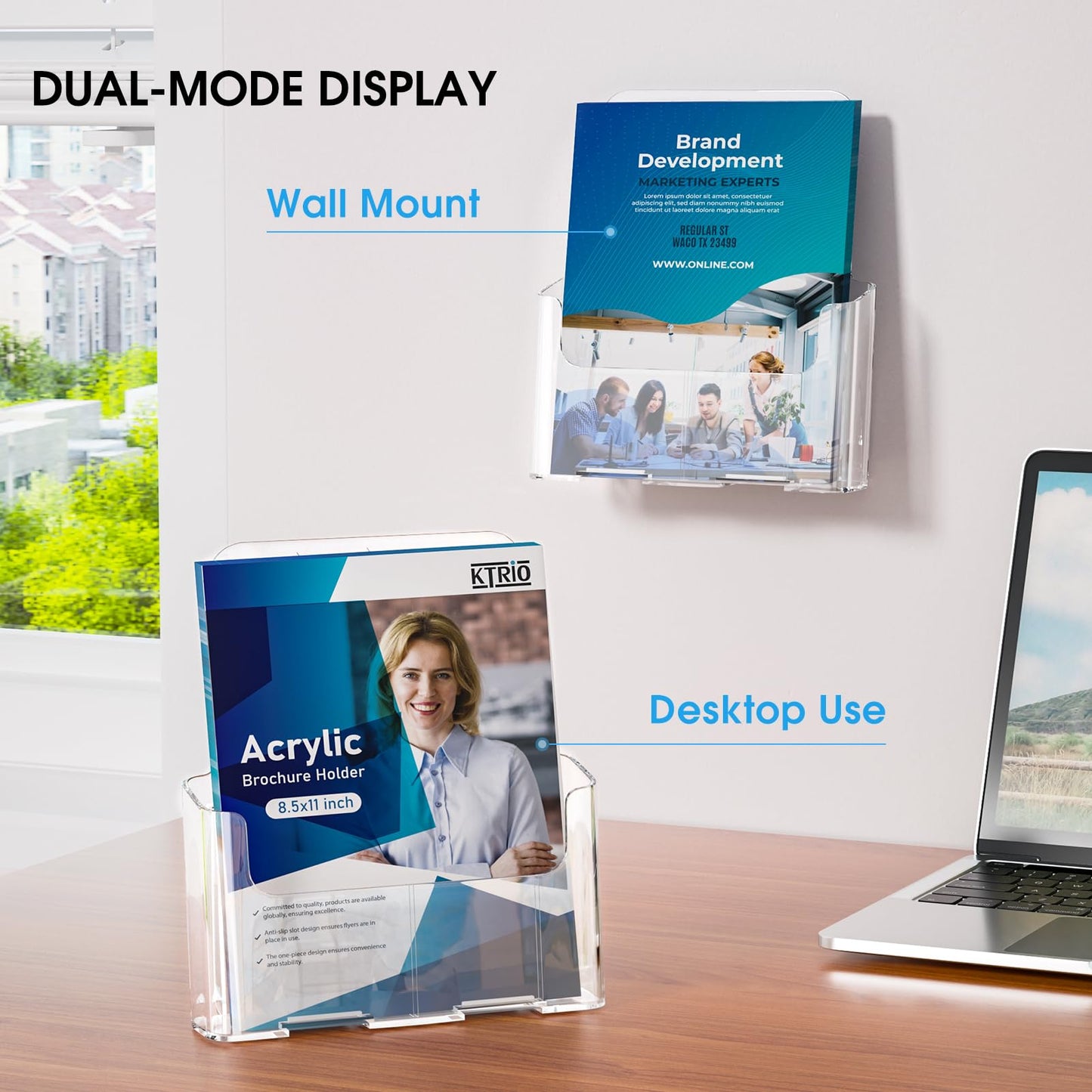 KTRIO Acrylic Brochure Holder 8.5 x 11 inch, Plastic Clear Literature Holders Rack Card Display Trifold Brochures Stand, Stands for Flyer, Pamphlet, Magazine, Booklet, Desk & Wall Mount, 4 Pack